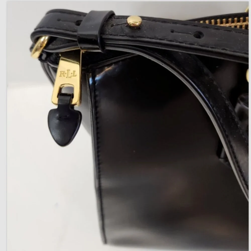 LRL RALPH LAUREN GLAZED LEATHER SATCHEL HAND BAG with GOLD Logo HARDWARE - Picture 6 of 16